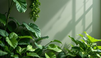 Lush Green Plants in Sunlit Indoor Space with Soft Shadows