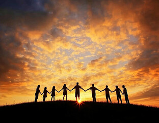 Silhouette of interconnected individuals against a vibrant sunset horizon