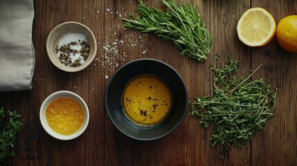 Wooden table with herbs, spices, and dressing
