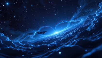 Vast Cosmic Landscape with Stars and Waves of Blue Light