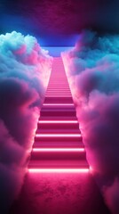 A surreal stairway glowing with vibrant neon lights, fading into the misty clouds, bathed in soft, dreamy hues.