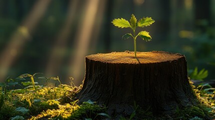 Young sprout on forest stump, sunlight