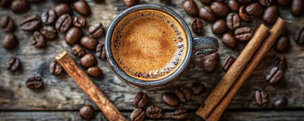A top-down view of a rustic wooden table featuring a fresh espresso in a ceramic cup, surrounded by coffee beans and cinnamon sticks.