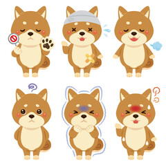 様々な状態の柴犬のキャラクターイラストセット