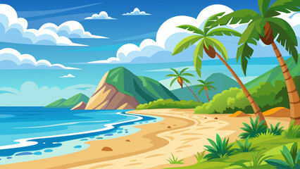Obraz premium Serene Tropical Beach Landscape. Palm Trees. Ocean. and Sandy Shores