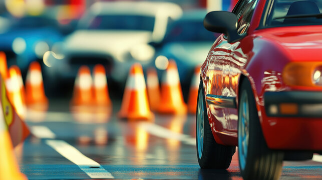 Red Car Driving Practice on Wet Road