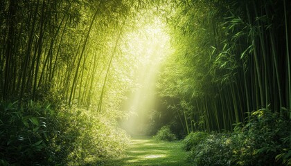 A tranquil bamboo forest with sunlight filtering through the dense greenery.
