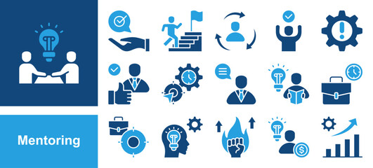 Mentoring icon collection set. Containing Working Time, Focus, Knowledge, Motivation, Entrepreneurs, Growing and Mentoring.