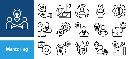 Mentoring icon collection set. Containing Working Time, Focus, Knowledge, Motivation, Entrepreneurs, Growing and Mentoring.
