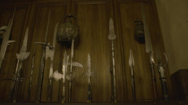 A collection of medieval polearms and spiked maces displayed on a wooden wall, featuring halberds, spears, and elaborately forged blades in a dimly lit historical armory setting.