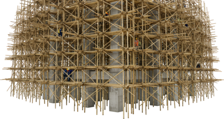 Construction Workers on Bamboo Scaffolding Building Exterior Asian Architecture Urban Development