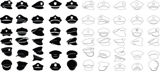 Black police hat icon set in flat style. Police officer uniform item with badge. Realistic policeman uniform headgear vector from law and justice for mobile app isolated on transparent background.