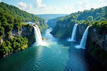 Fototapeta premium Steep cliffs frame multiple tiered falls plunging into a wide lake, water, high