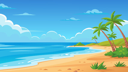 Obraz premium Serene Tropical Beach Landscape. Palm Trees. Azure Ocean. and Sunny Sky