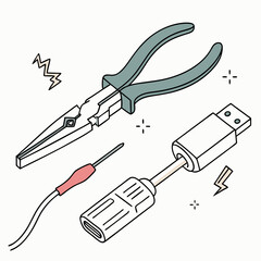 Vector illustration of broken usb cable being fixed, isolated on transparent background