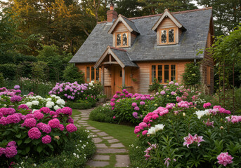 A picturesque wooden cottage with a stone pathway surrounded by vibrant flowers.