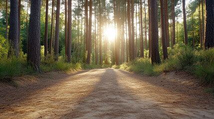 Obraz premium Serene dirt path surrounded by tall trees, sunlight filtering through forest canopy