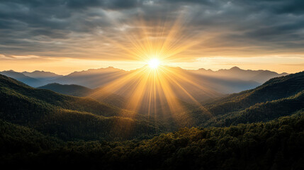 Obraz premium Golden sunrise illuminating serene mountain range with dramatic clouds and lush greenery