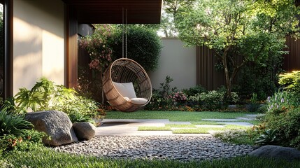 A tranquil garden scene featuring a hanging chair, lush greenery, and stone pathway details
