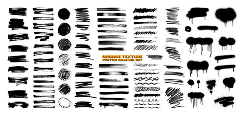 Full pack grunge textures of different types - spray graffiti, stencil lines, brush strokes, ink splashes, paint splatter. Grunge textures, great elaboration, high detail. Isolated vector graphic box