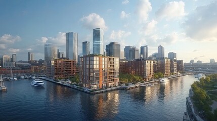 Fototapeta premium Aerial view of city skyline with modern apartment buildings and boats on the water during daytime