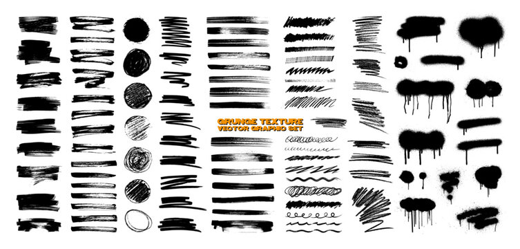 Full pack grunge textures of different types - spray graffiti, stencil lines, brush strokes, ink splashes, paint splatter. Grunge textures, great elaboration, high detail. Isolated vector graphic box