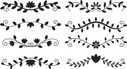 Elegant decorative floral and leaf border elements in black and white vector illustrations