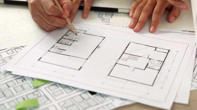 Professional engineer team discussion about house design on meeting table with architectural equipment and building blueprint scatter around at modern office. Focus on hand. Closeup. Delineation.