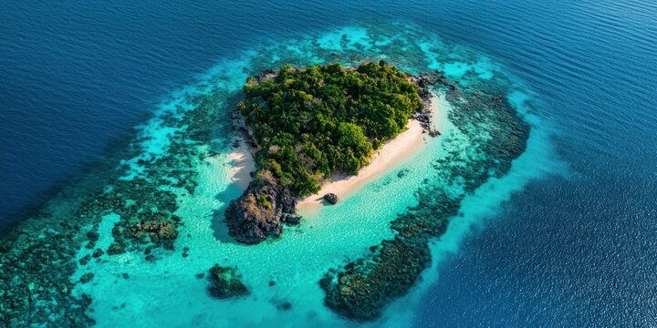 Aerial shot of a small island surrounded by crystal-clear turquoise waters and coral reefs - Powered by Adobe