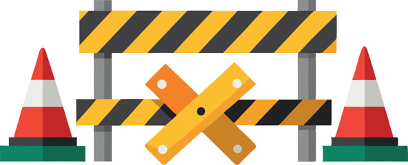 Road Construction Safety Barriers and Traffic Cones Illustration - Roadwork Safety Equipment, Traffic Control Devices, Construction Zone Warning Signs, Road Maintenance Safety Measures, Traffic Manage