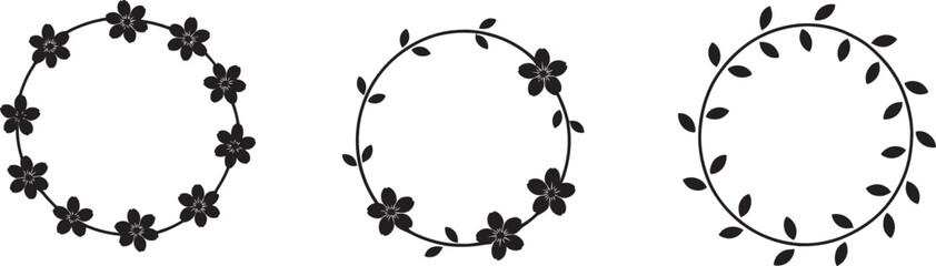 Three black and white circular floral and leaf frames for design and decoration