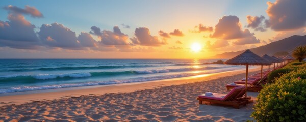 Tropical Beach at Sunset with Lounge Chairs