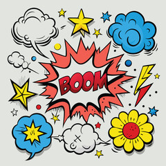 Cartoon comic sign burst clouds. Speech bubble, boom sign expression and pop art text frames. Comics mem expressions speech, superhero book bubbles label. Isolated vector symbols set 