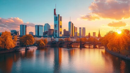 Obraz premium Frankfurt skyline at sunset reflecting in the main river with trees and bridge in foreground