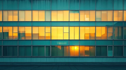 Building facade with multiple windows reflecting a warm golden light during sunset time today