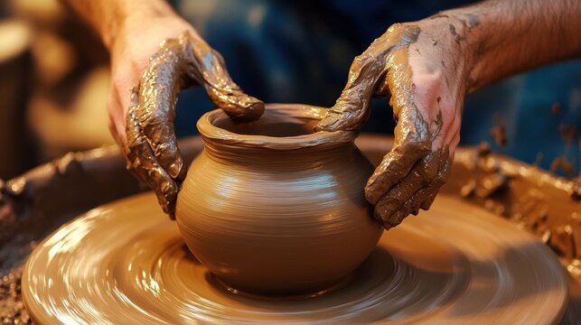 A skilled potter shaping a delicate ceramic vase on a spinning wheel, hands covered in wet clay.