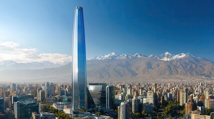 View of the gran torre santiago skyscraper in chile with the andes mountains in the background