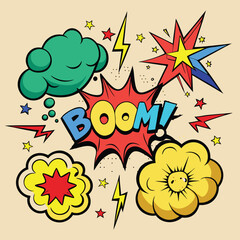 Cartoon comic sign burst clouds. Speech bubble, boom sign expression and pop art text frames. Comics mem expressions speech, superhero book bubbles label. Isolated vector symbols set 