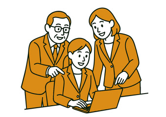 ノートパソコン画面で説明するビジネスマン