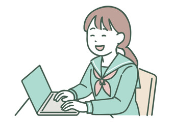 ノートパソコンを使う女子高校生のイラスト