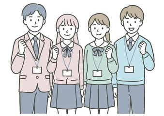Fototapeta premium 若い男女グループが名札をつけて集合ポーズを取るイラスト（新入社員・インターン・学生）
