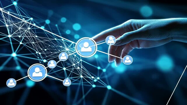 A network of connections is visualized with a human finger touching a virtual person icon on a dark blue abstract background - Powered by Adobe