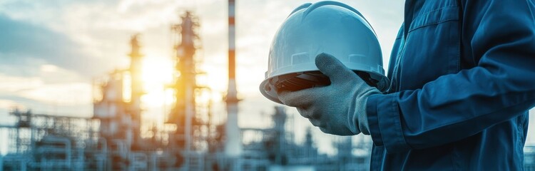 Oil refinery worker holding safety helmet