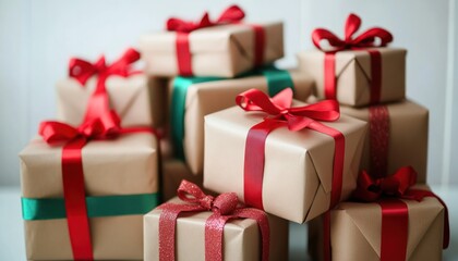 Obraz premium A stack of neatly wrapped gift boxes with festive ribbons and bows.