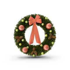 Christmas Wreath with Pink Bow and Ornaments isolated on transparent background
