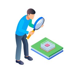 Vector illustration of technician inspecting chip with magnifier, isolated on white background
