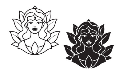 Serene Goddess in Lotus Flower – Minimalist Black and White Line Art