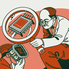 Vector illustration of technician inspecting chip with magnifier, isolated on white background