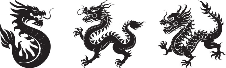 black Chinese dragon, no background, schematic, 2 dimensional, minimal, modern, logo style icon black on white background,