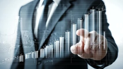 Man in suit interacting with a translucent data visualization, city overlayed, suggesting financial analysis and business intelligence concept - Powered by Adobe